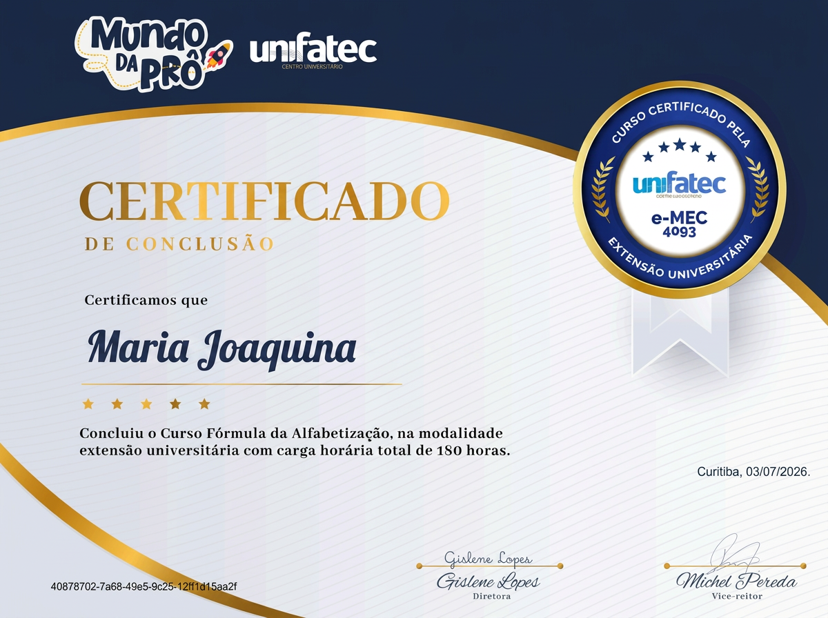 Modelo de certificado de extensão universitária de 180 horas emitido pela UNIFATEC